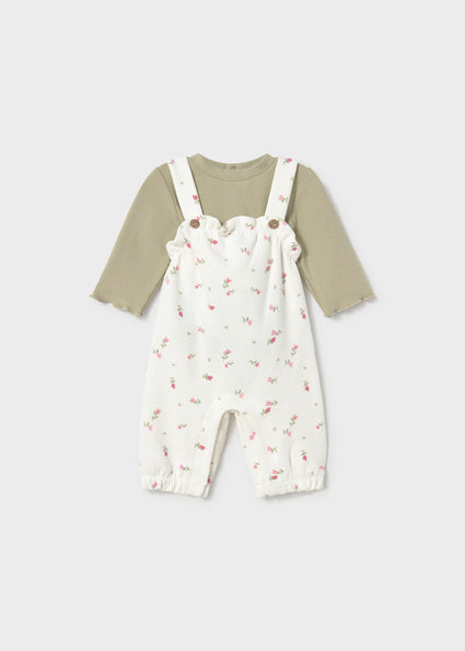 Completo salopette stampato e maglione neonata