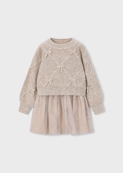 Vestito a maglia combinato con fiocchi bambina